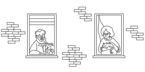 elderly couple looking for a house. windows with people neighbors. Elderly man with a dog and grandmother with a cat at the window. The concept of social isolation during the coronavirus pandemic