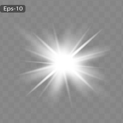 White glowing light explodes on a transparent background. Sparkling magical dust particles. Bright Star. Transparent shining sun, bright flash. Vector sparkles. To center a bright flash
