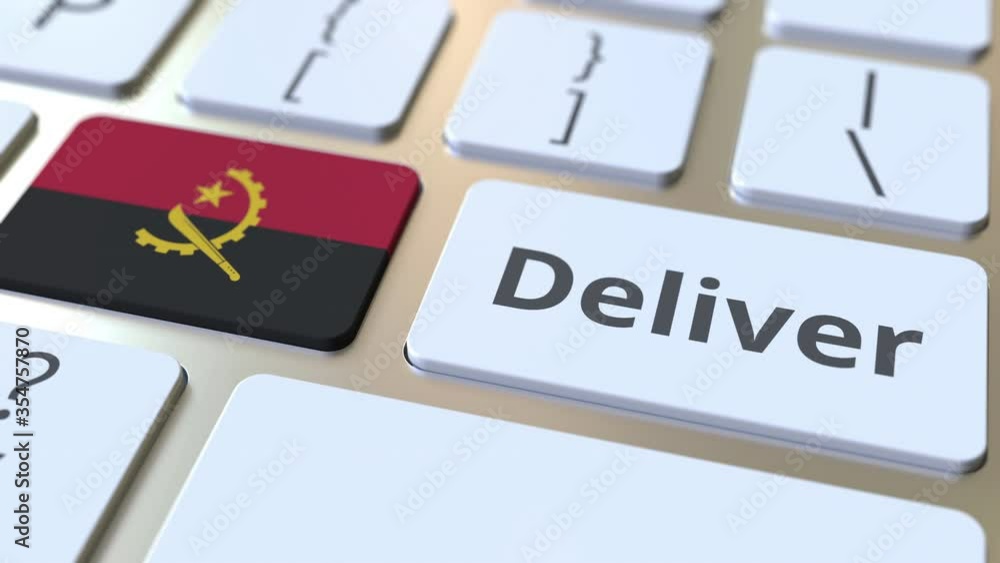 Aufkleber deliver text and flag of angola on the computer keyboard. logistics related 3d animation