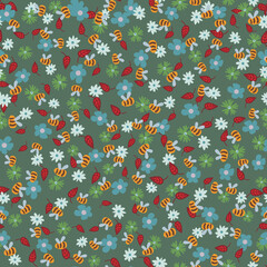 Flowers and bees seamless vector pattern. Colorfful surface print design. For fabrics, stationery, scrapbook paper, gift wrap,and packaging.