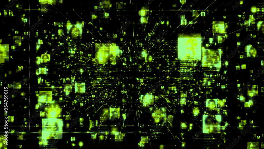 Poster artificial intelligence concept of a social network with a stream of unrecognizable people portraits
