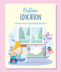 online education, student girl in home with laptop, website and mobile training courses