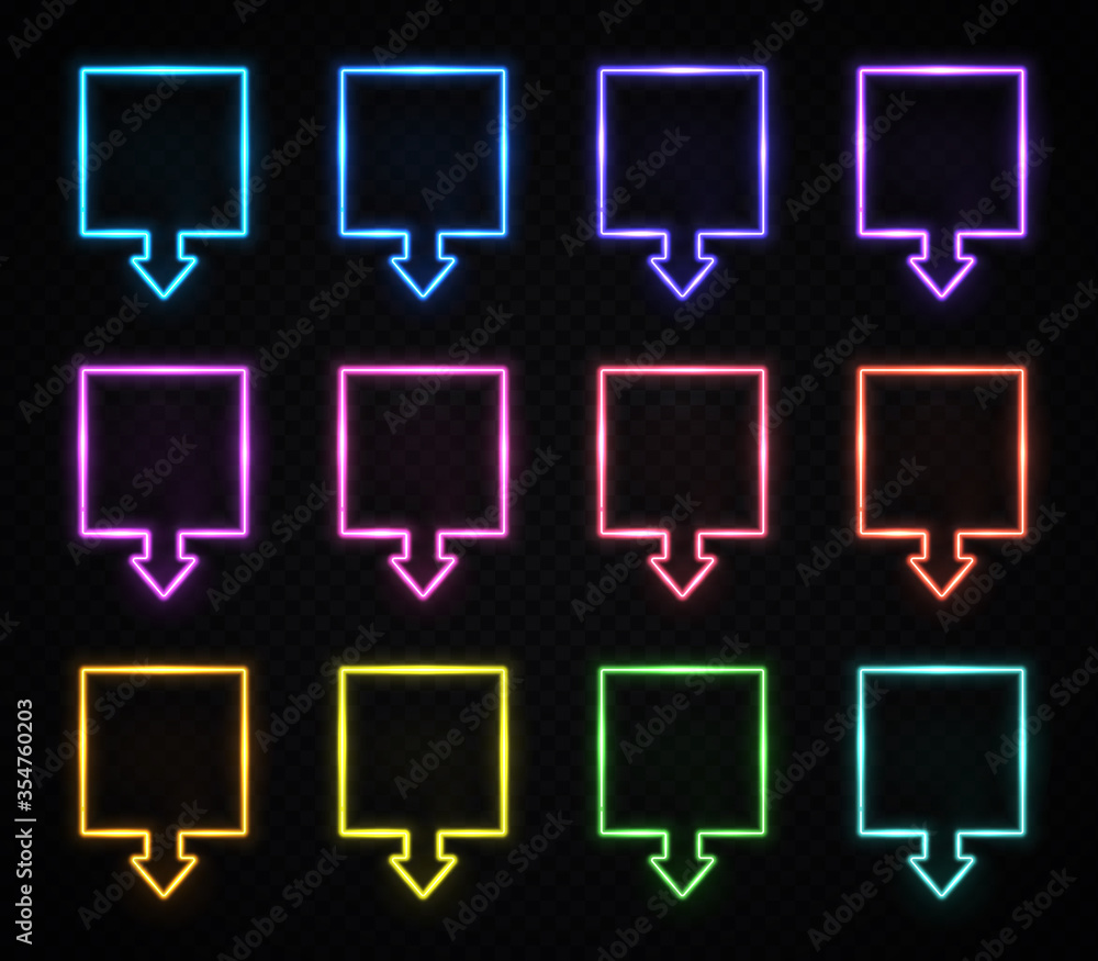 Poster neon square arrow colorful signs set. realistic light glowing pointers on transparent background. lo