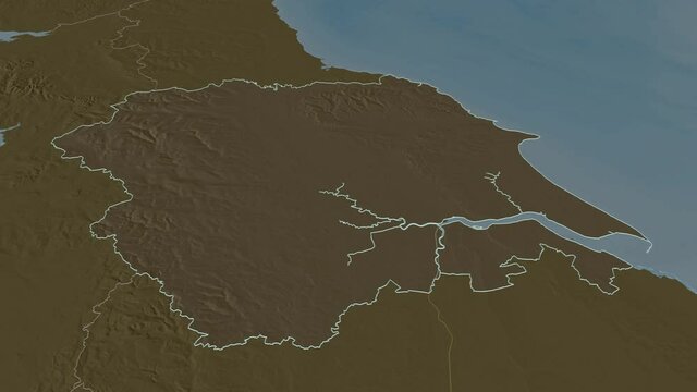 Yorkshire and the Humber, region with its capital, zoomed and extruded on the administrative map of United Kingdom in the conformal Stereographic projection. Animation 3D