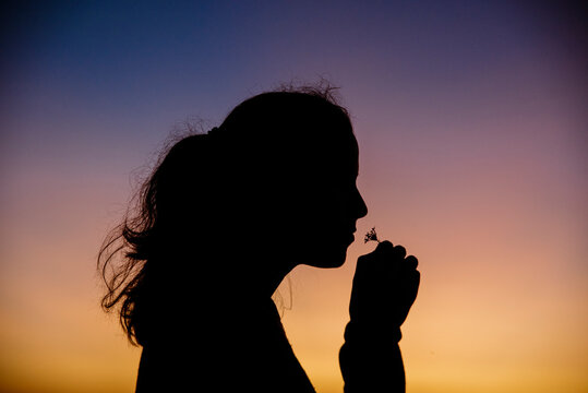Silhouette of a woman smelling flower.