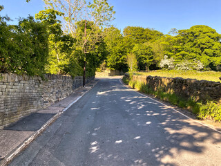 A country lane on a sunny evening, with trees  and dry stone walls in, Shibden Valley, Halifax, UK