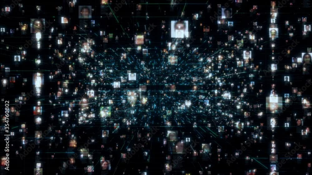 Poster a social network with a stream of unrecognizable people portraits moving along blue network grid and