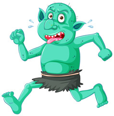 Green goblin or troll running pose with funny face in cartoon character isolated