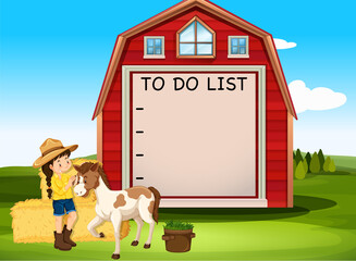 Border template design with girl and horse on the farm