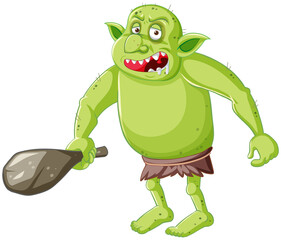 Green goblin or troll holding hunting tool in cartoon character isolated