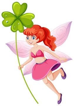 Cute fairy holding a lucky clover cartoon character on white background
