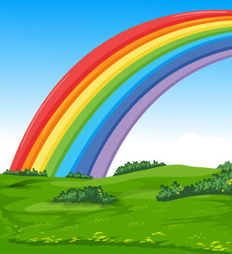 Colorful rainbow with meadow and sky cartoon style background