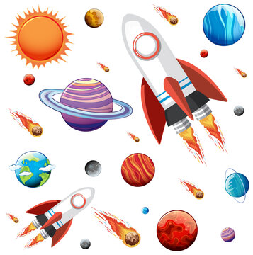 Colorful galaxy space and planets set