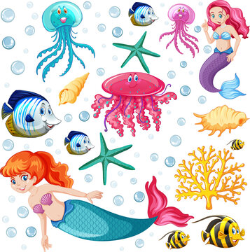 Set of sea animals and mermaid cartoon character on white background