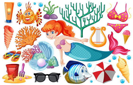 Set of mermaid and summer icon cartoon on white background