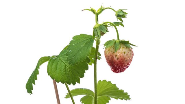 Timelapse of ripening strawberry on white background with alpha channel. 4K