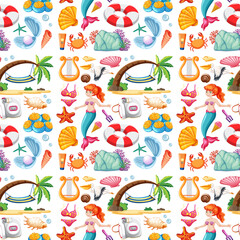 Seamless mermaid and summer icon cartoon character on white background