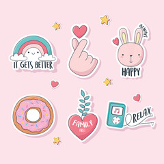 cute hand love heart rabbit rainbow donut stuff for cards stickers or patches decoration cartoon