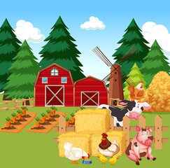 Farm scene with farm animals on the farm