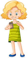 Girl in green shirt using smartphone cartoon character isolated on white background