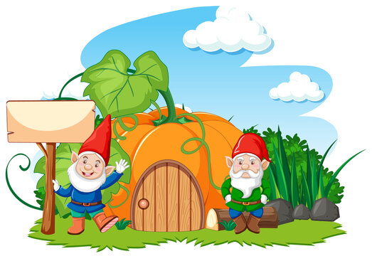 Gnomes and pumpkin house cartoon style on white background