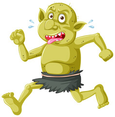 Green goblin or troll running pose with funny face in cartoon character isolated