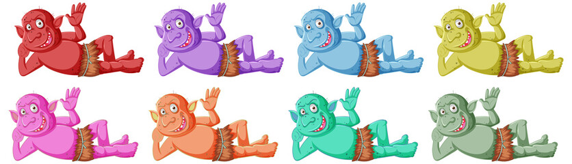 Set of colorful goblin or troll smile while lying down in cartoon character isolated