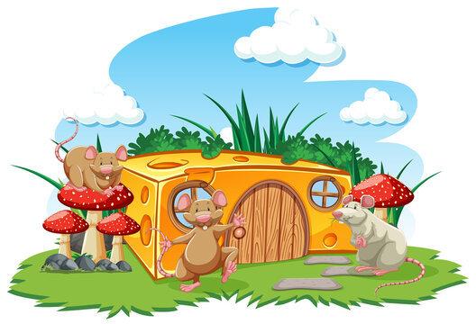 Mouses with cheese house in the garden cartoon style on sky background