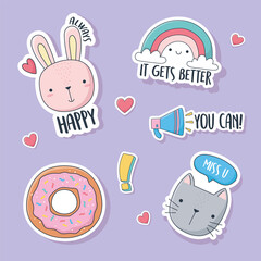 cute bunny donut cat and rainbow stuff for cards stickers or patches decoration cartoon