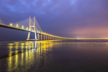 Vasco da Gama Bridge at twilight in Lisbon Portugal