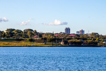 Lago Paranoá e ipês-roxos com vista parcial de Brasília, Brasil.