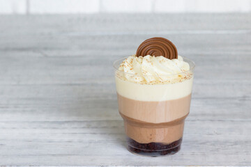 One chocolate dessert on the table.