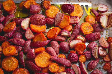 Healthy baked radishes and carrots
