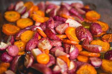 Healthy baked radishes and carrots