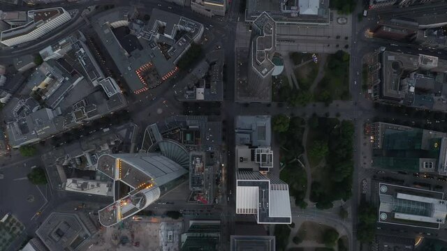 AERIAL: Incredible Overhead Top Down Shot of Frankfurt am Main, Germany City Center Skyline with little Traffic Streets due to Coronavirus Covid 19 Pandemic