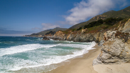 Drone shot of Ocean and beach views at Big Sur, California