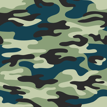 Seamless classic camouflage pattern. Camo fishing hunting vector background. Masking green blue grey black color military texture wallpaper. Army design for fabric paper vinyl print