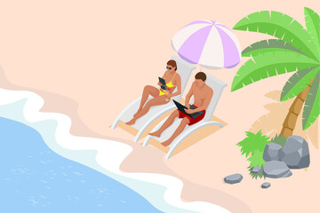 Obraz na płótnie Canvas It's Summer time banner. Summer Luxury vacation. Isometric beautiful girl in a swimsuit sits in a beach chair and takes a selfie on the background of the sea