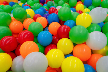 background beautiful with Colored plastic balls in pool of game room. Swimming pool for fun