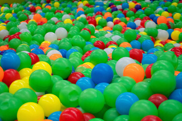 background beautiful with Colored plastic balls in pool of game room. Swimming pool for fun