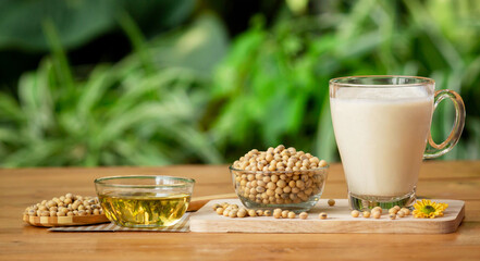 Glass of Soy Milk with soybean on wooden table and blur background with lighting in the morning,healthy concept.