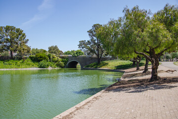 View on the lake and the bridge in the  Lakeshore Park 