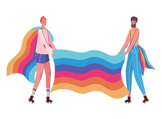 Woman and man cartoon with costume and lgtbi flag vector design