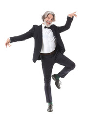 Cool senior man dancing against white background