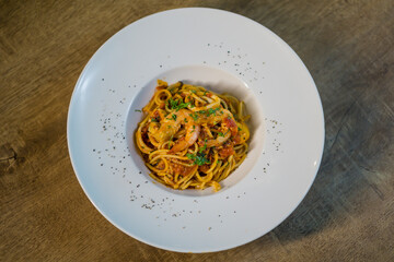 Spicy seafood pasta.