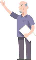 An elderly man with documents in his hands raised his hand up. Isolated on a white background. Flat infographics. Vector illustration.