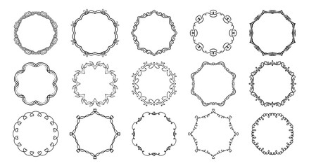 Circular frameworks divider calligraphic set. Round flourishes borders, vegetable whorls vignettes decorative frame, ornament banner. Elegant graphics elements ink black drawing. Vector illustration