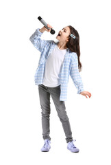 Cute little girl singing against white background