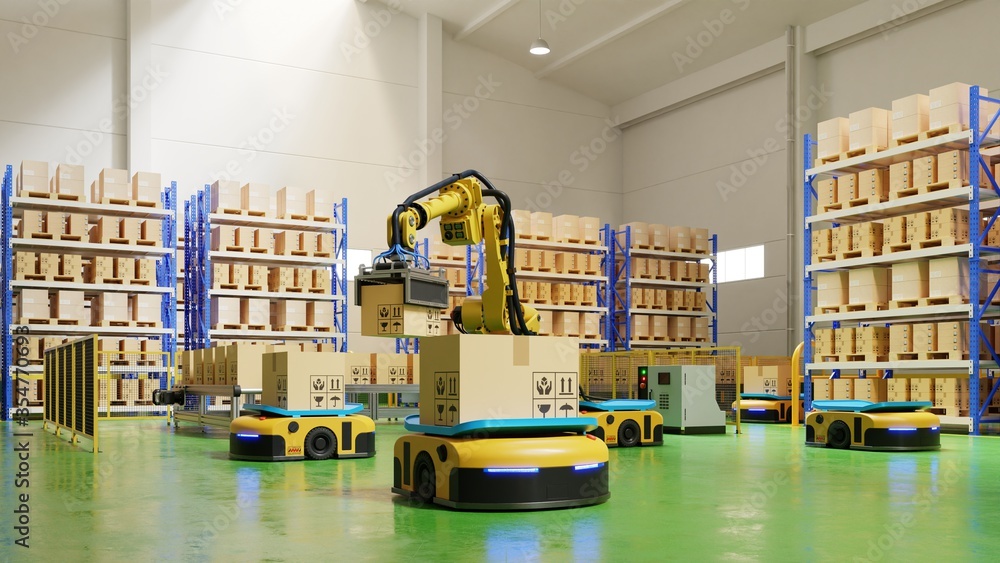 Poster factory automation with agv and robotic arm in transportation to increase transport more with safety