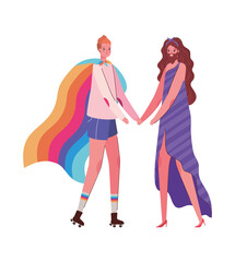 Woman and man cartoon with costume and lgtbi flag vector design